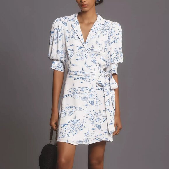 Anthropologie Maeve Short-Sleeve Collared Mini Wrap Dress White Blue Medium - Picture 1 of 10